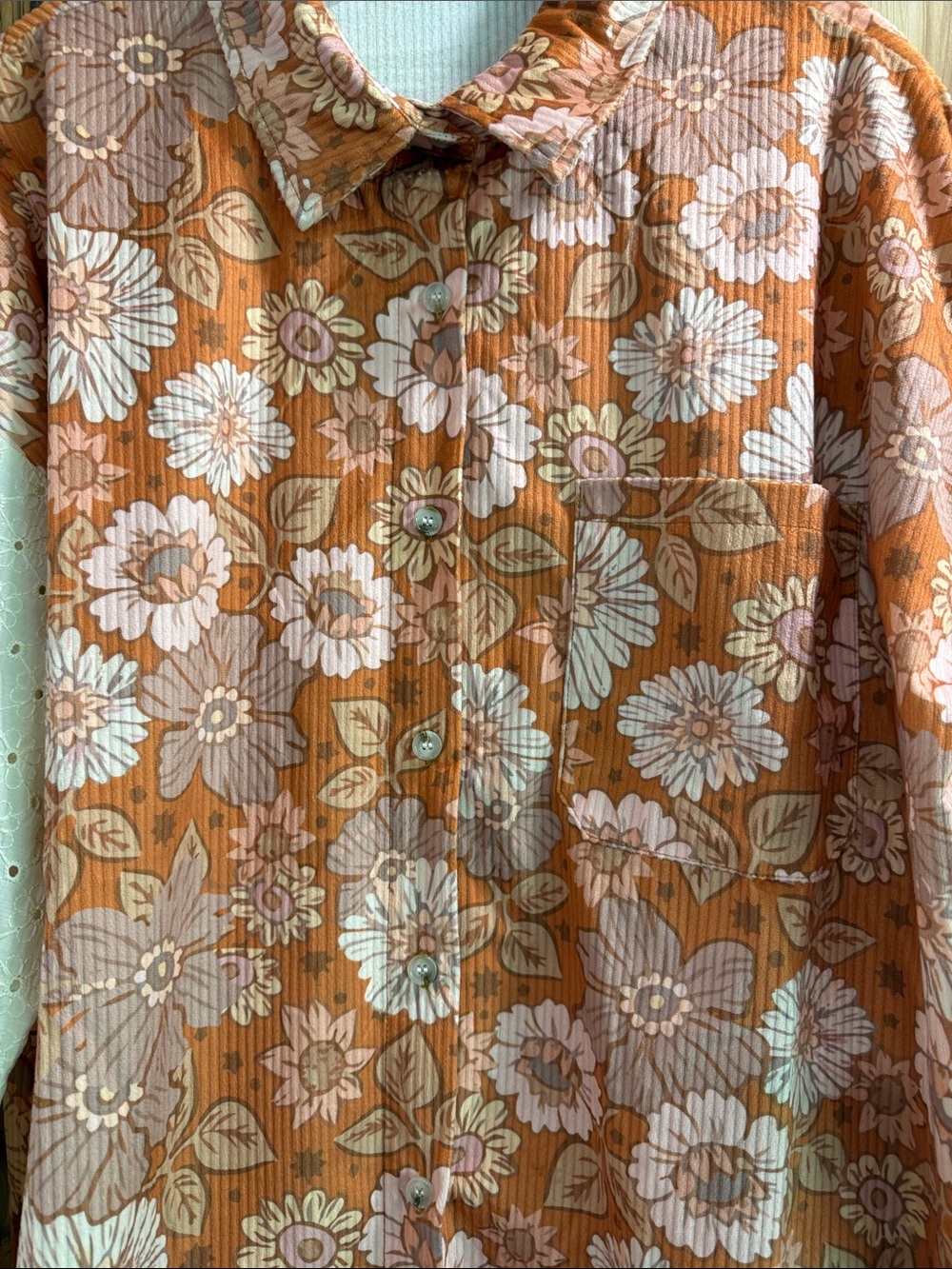 Grace + Emma Floral Retro Boho Ribbed Eyelet Button-Up Shirt in Rust Cream Sz XL - Picture 2 of 8